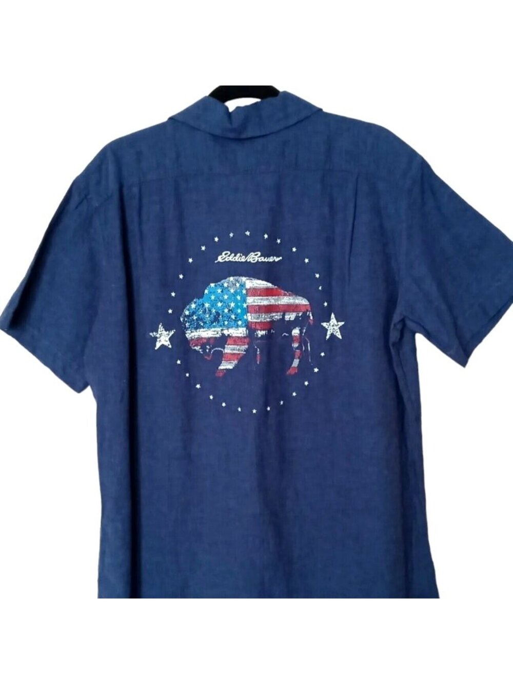 Eddie Bauer Patriot Flag Blue Camp Shirt Med American Bison Buffalo Linen Blend